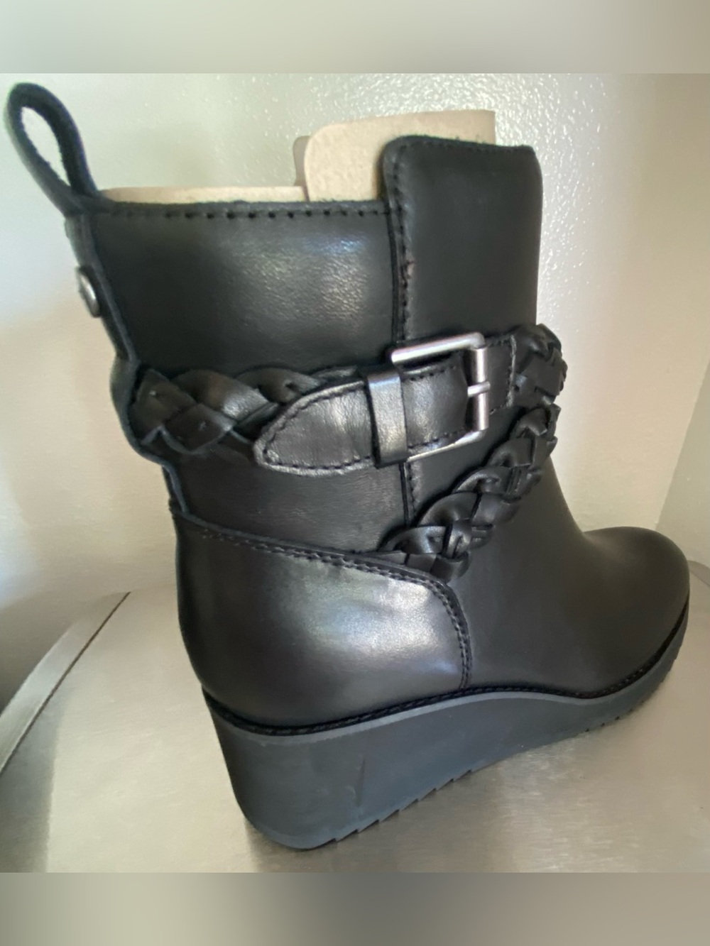 NEW-EARTH WOMENS LEATHER WEDGE ZIP UP ANKLE BOOTS WITH BRAIDED STRAP - Picture 10 of 16